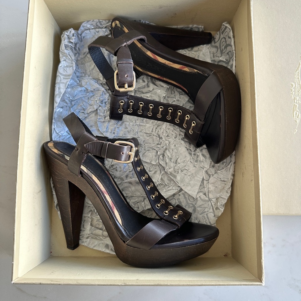 Burberry Brown Platform High Heeled Sandals with Gold Hardware - Picture 12 of 14